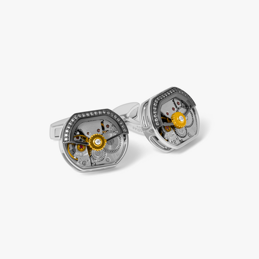 Diamond Tonneau Skeleton Cufflinks In Rhodium Silver (Limited Edition)