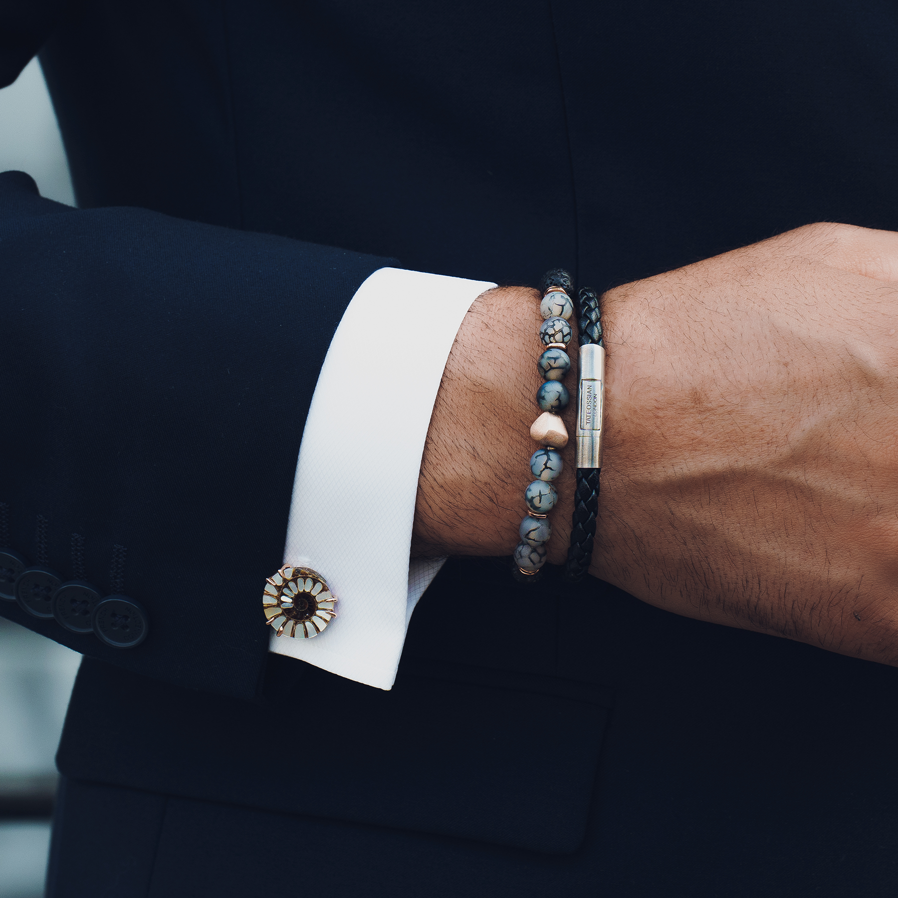 Charles Click Pelle Bracelet In Rhodium & Black Leather