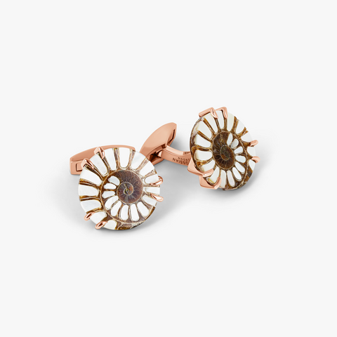 Ammonite Pearl Cufflinks In Brown With White MOP & 18k Rose Gold Plated Silver (Limited Edition)