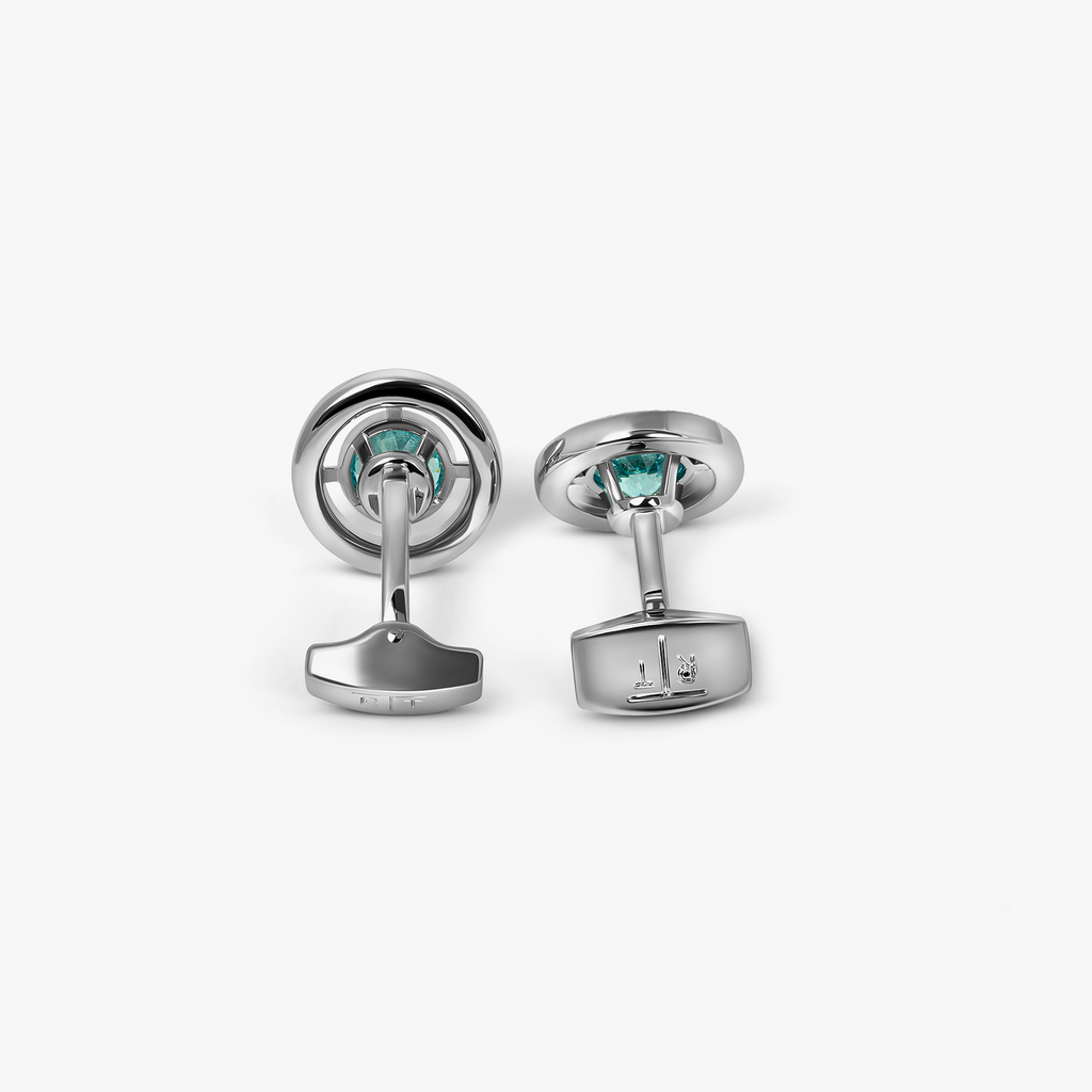 Halo Round CZ Cufflinks With Aquamarine & Rhodium Plated