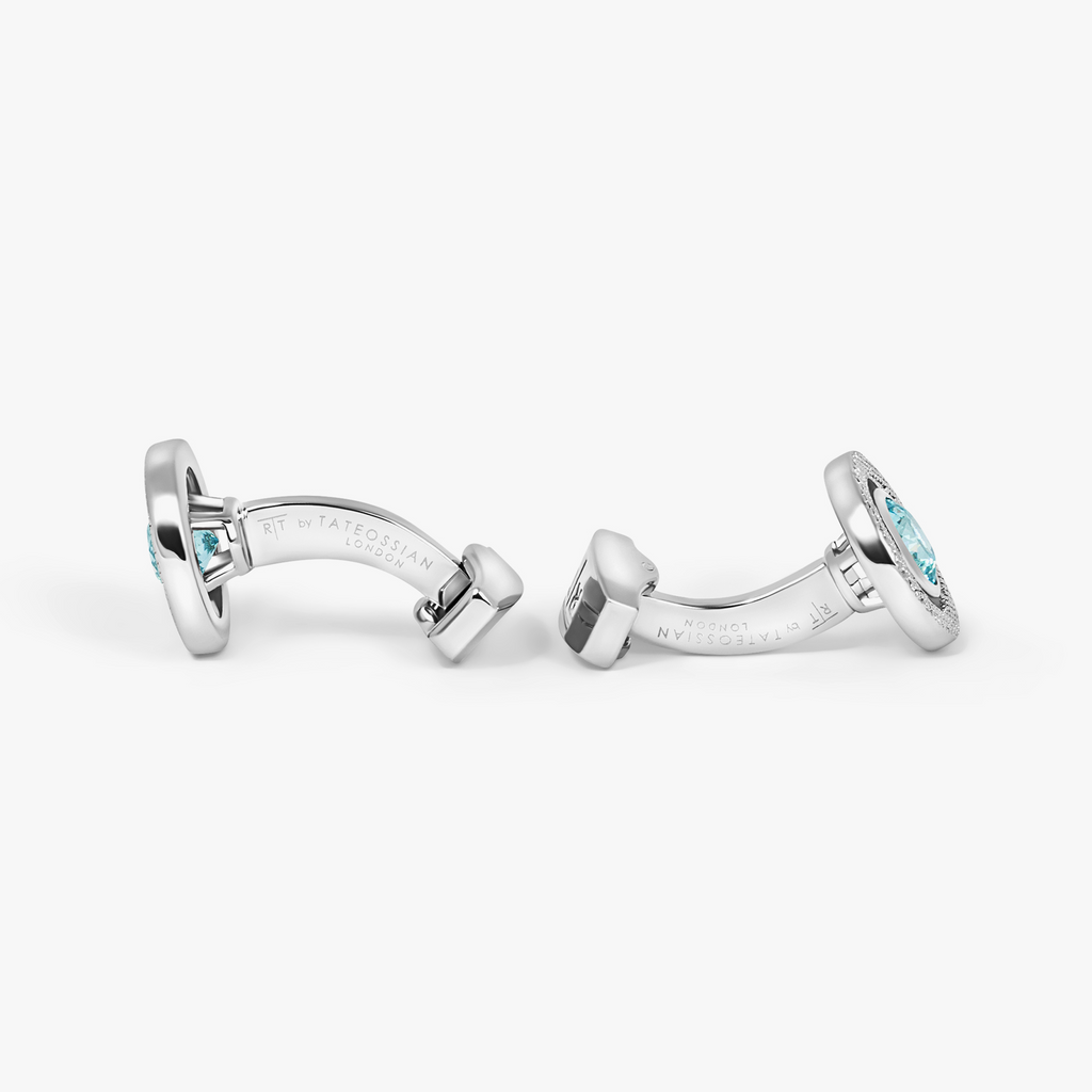 Halo Round CZ Cufflinks With Aquamarine & Rhodium Plated