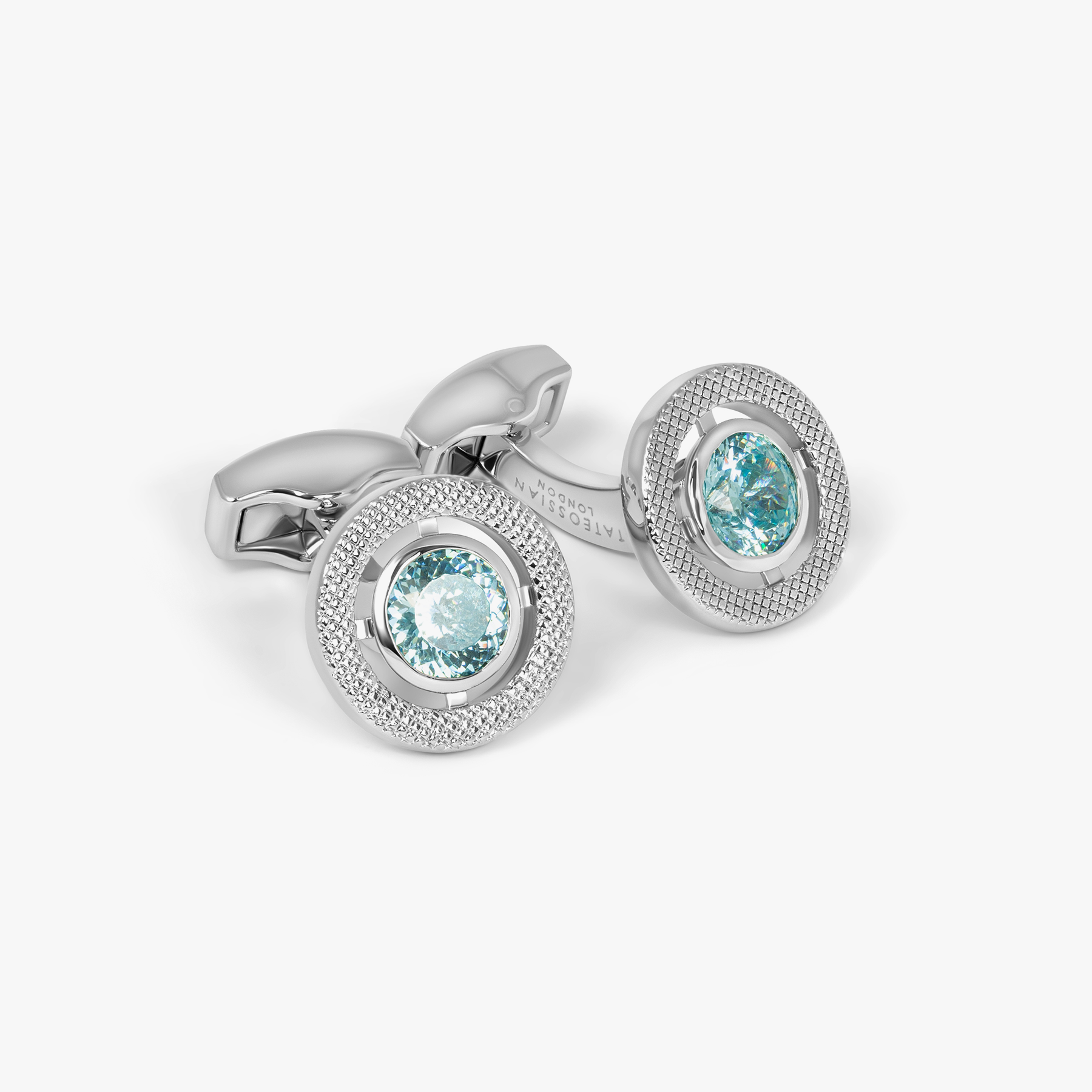 Halo Round CZ Cufflinks With Aquamarine & Rhodium Plated