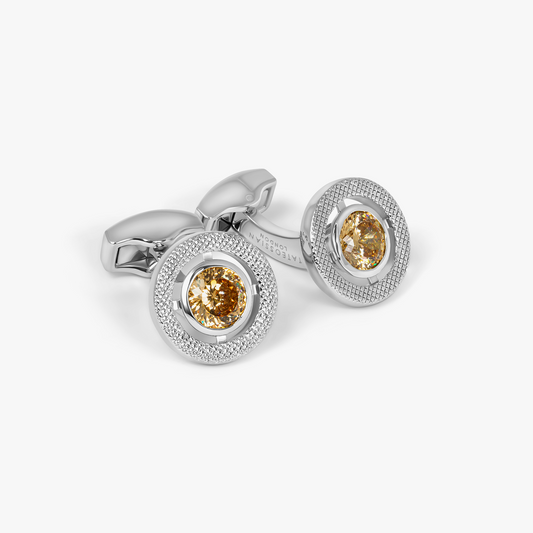 Halo Round CZ Cufflinks With Champagne & Rhodium Plated