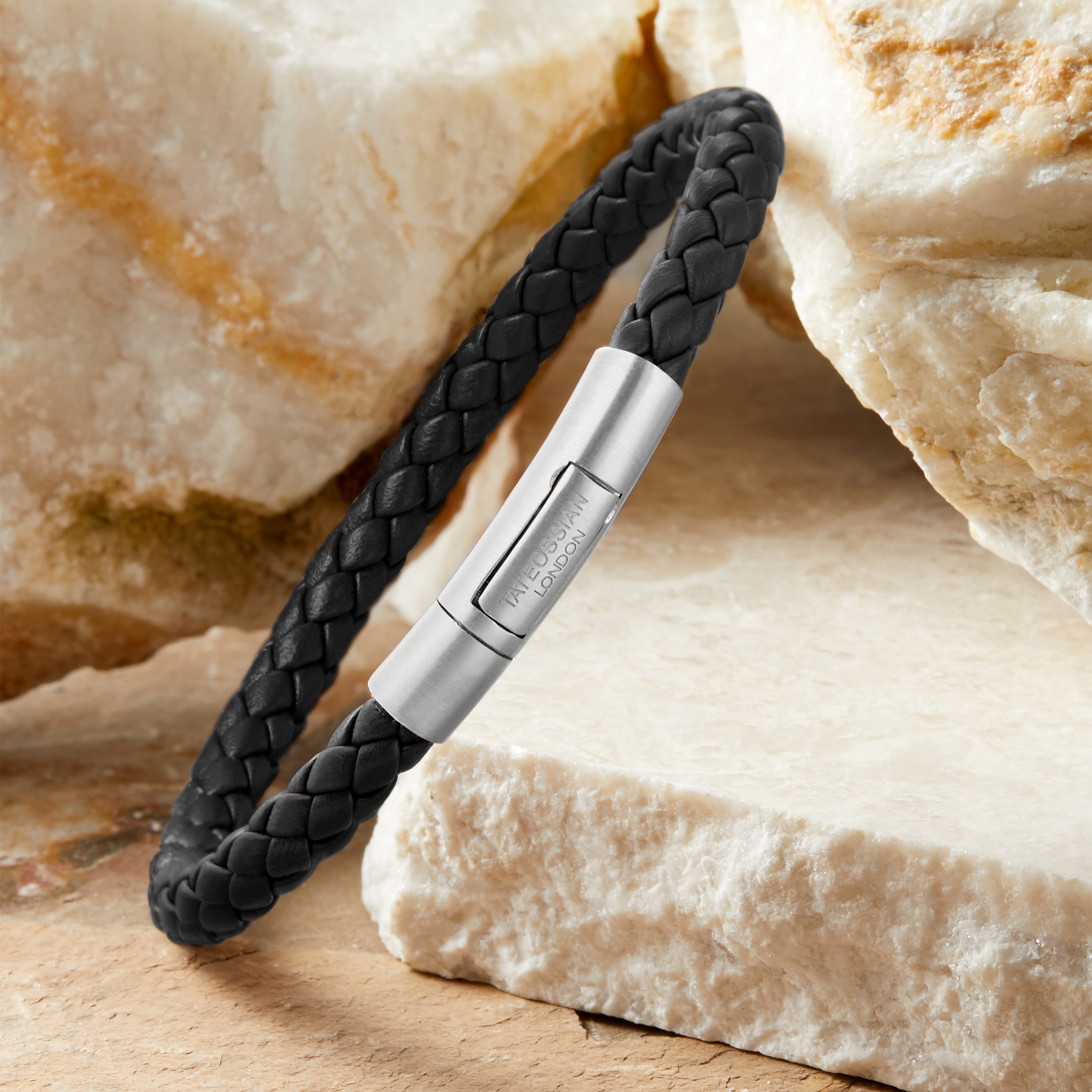 Charles Click Pelle Bracelet In Rhodium & Black Leather Charles Click Pelle Bracelet In Rhodium & Black Leather