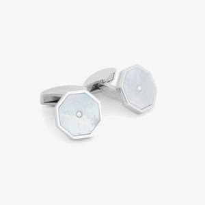 Classic London Eye Cufflinks in Rhodium Plated Silver with White Diamonds and MOP