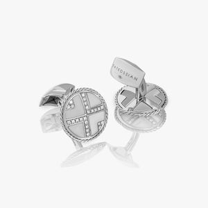 Deco cable round cufflink in 18K white gold and diamonds (UK) 2