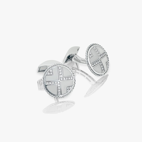 Deco cable round cufflink in 18K white gold and diamonds (UK) 1