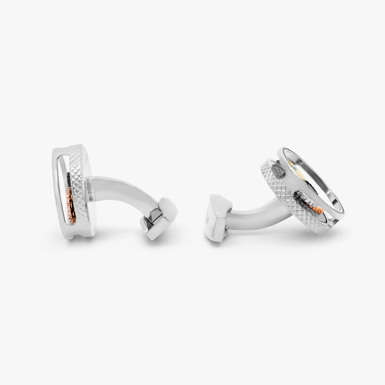 Round Gear Carbon Fibre Cufflinks in Rhodium – Tateossian London