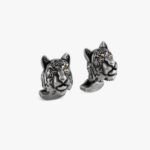 Oxidised Silver Tiger Mechanical Cufflinks With Orange Swarovski Elements