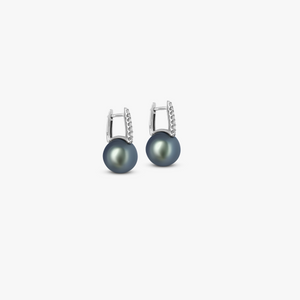 Grey Tahitian Pearl and White Diamond Drop Earrings- 9K White Gold