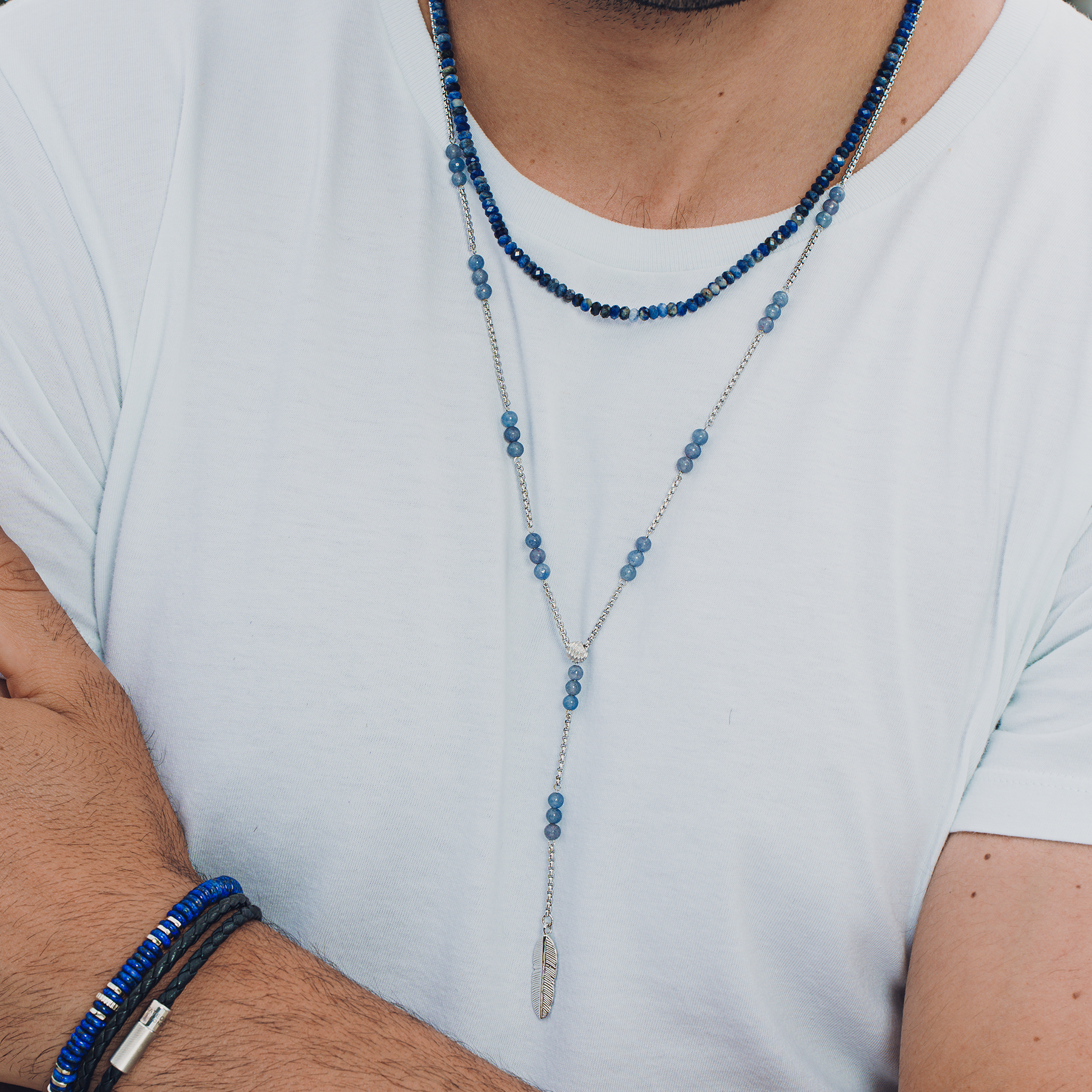 Capri Plume Necklace In Rhodium Plated Silver With Blue Aventurine