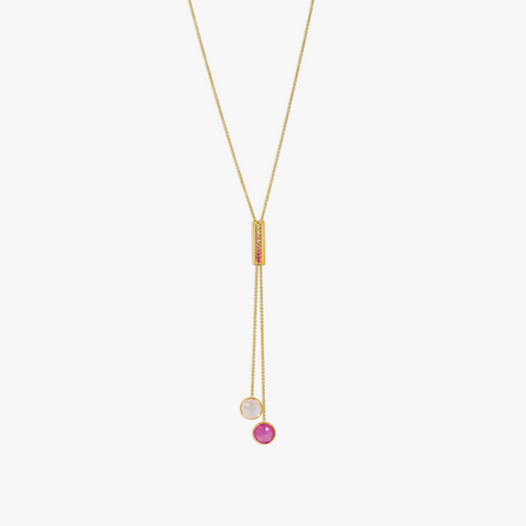 Pink Sapphire & Synthetic Quartz Sliding Necklace- 9K Yellow Gold