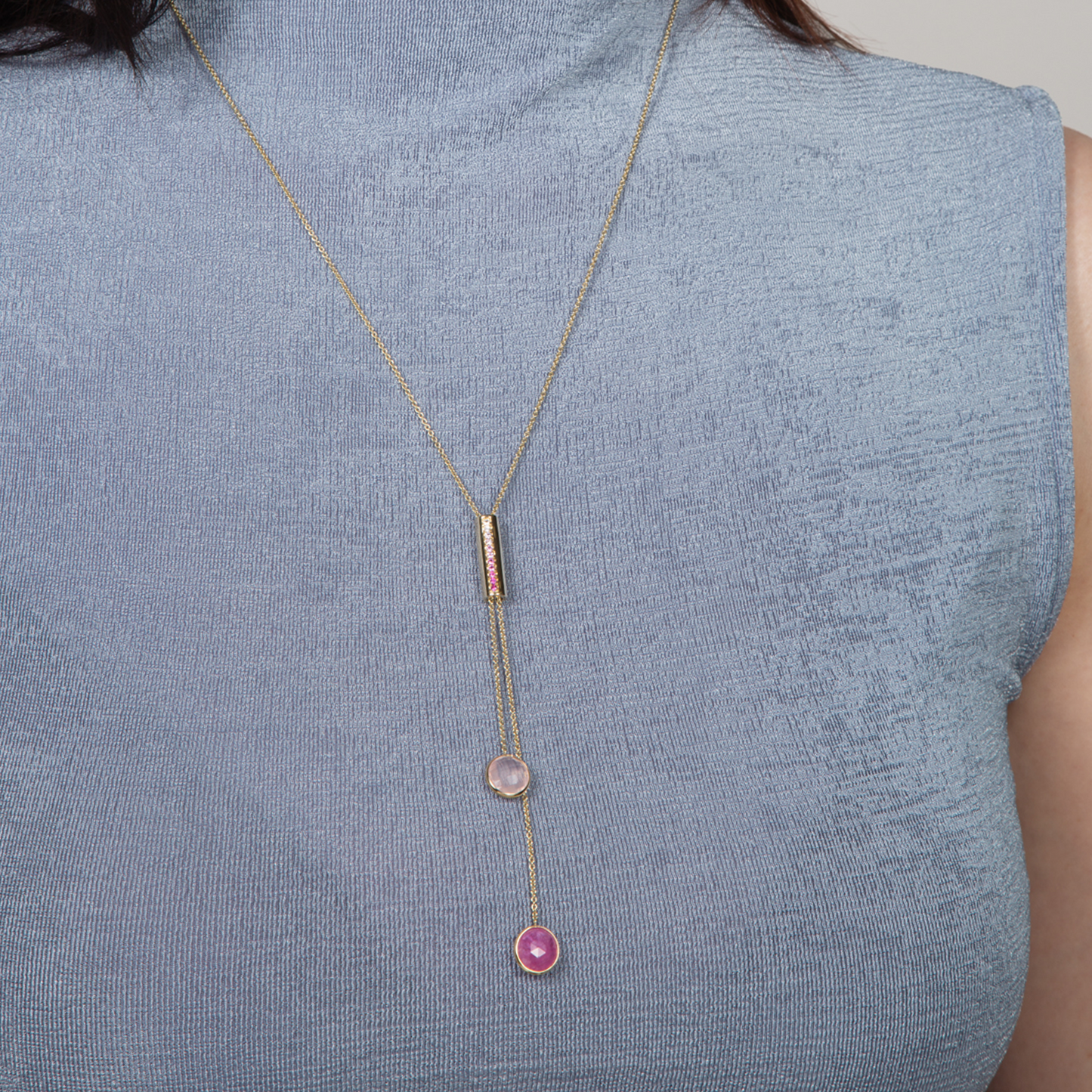 Pink Sapphire & Synthetic Quartz Sliding Necklace- 9K Yellow Gold