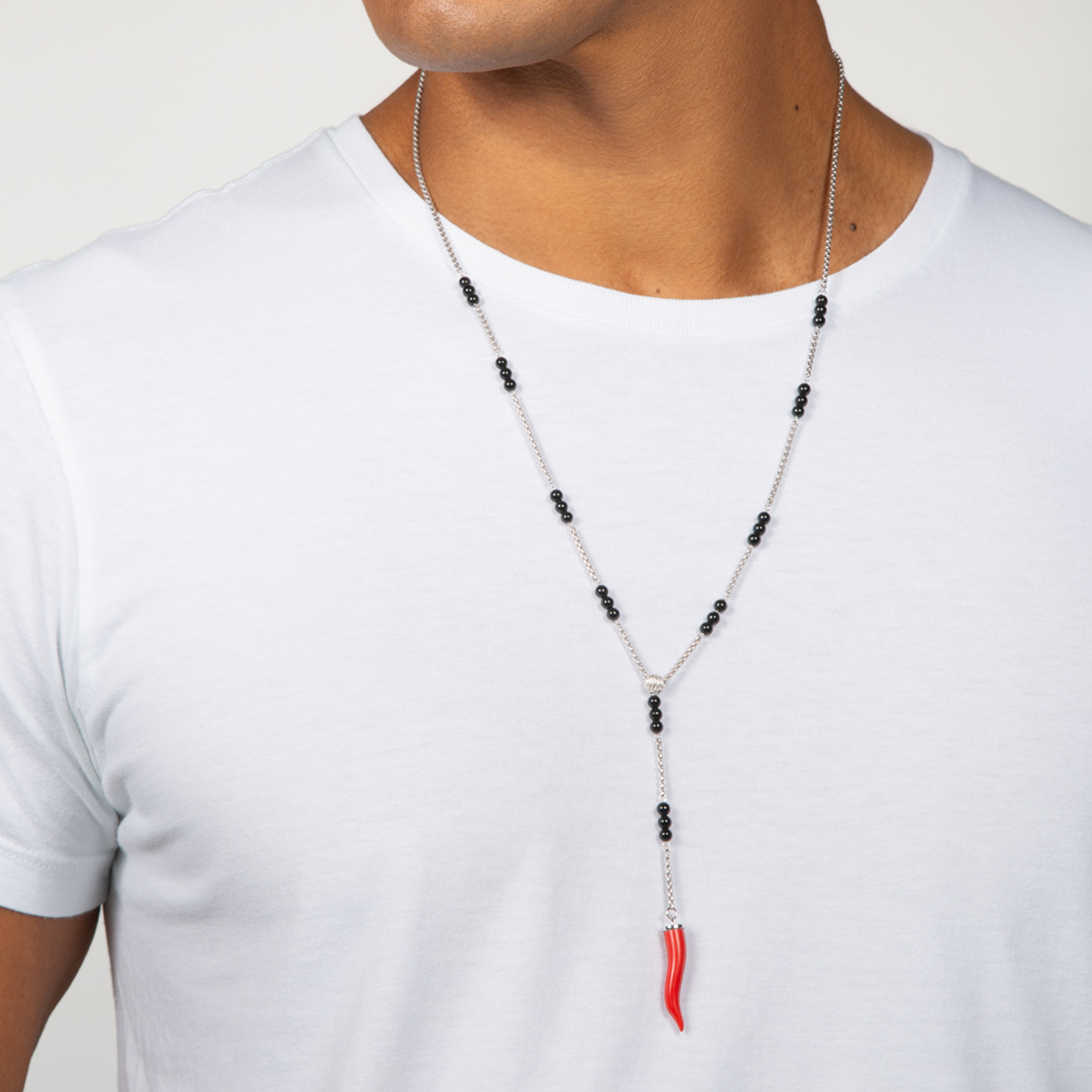 Capri Corno Necklace In Rhodium Plated Silver With Black Agate & Faux Coral