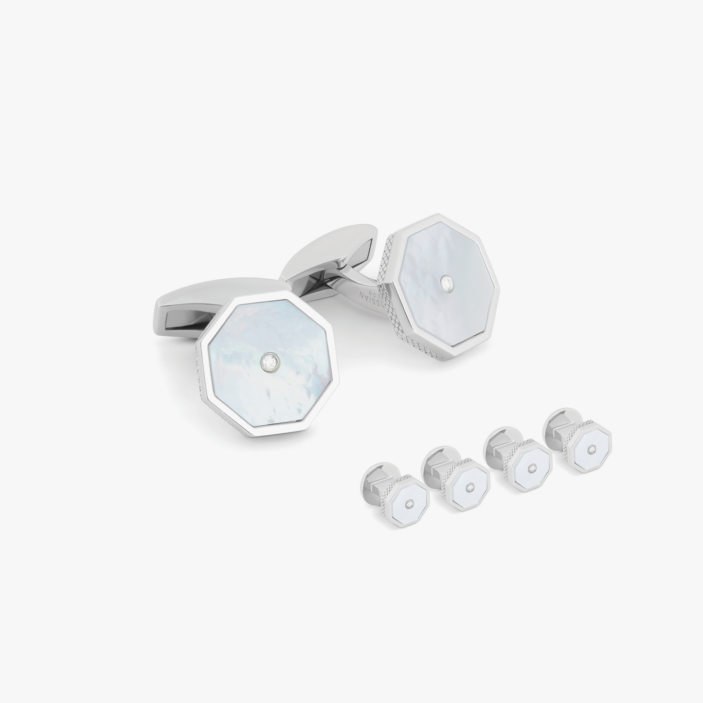 London Eye Cufflinks And Studs Set With White MOP & White Diamond