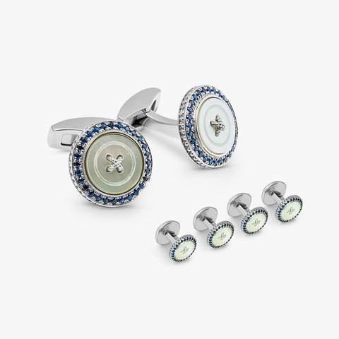 Precious Button cufflink stud set with white mother of pearl and sapphires