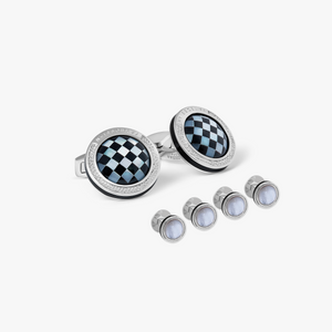 Signature Round Cufflinks and Stud Set in Rhodium Plated Silver with White MOP