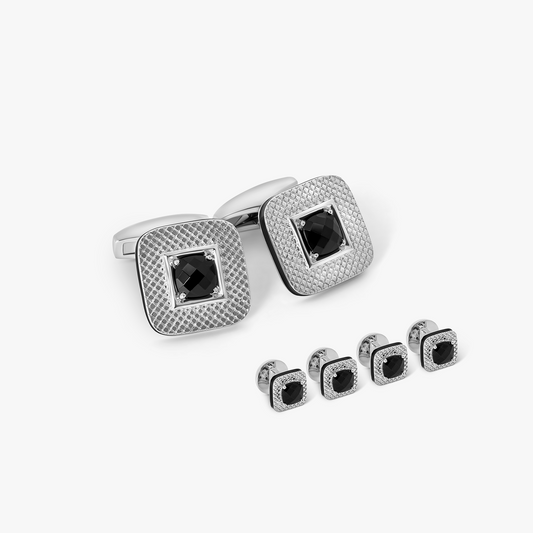 Refratto Cufflinks And Shirt Studs Set With Black Spinel In Rhodium Plated Silver (Limited Edition)