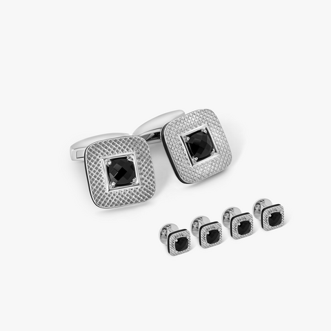 Refratto Cufflinks And Shirt Studs Set With Black Spinel In Rhodium Silver (Limited Edition)