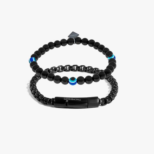 THOMPSON Black Stainless Steel Chain Evil Eye Duo Bracelet