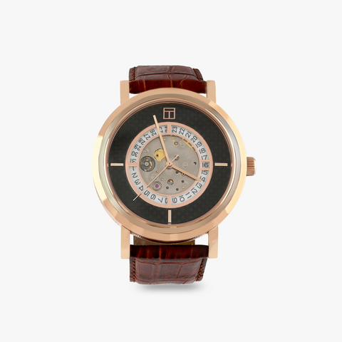 Esposto Leather Automatic Watch In Brown With Rose Gold Plated